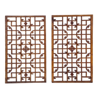 Antique Chinese Open Fretwork Lattice Large Window Screens Decorative Wall Panels, a Pair For Sale