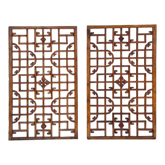 Antique Chinese Open Fretwork Lattice Large Window Screens Decorative Wall Panels, a Pair For Sale