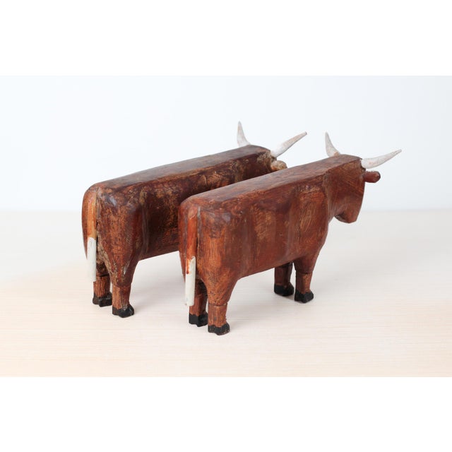 Mid-Century Folk Art Hand-Carved Wooden Bull Sculptures For Sale - Image 12 of 16