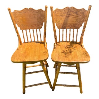 Rustic Farmhouse Style Oak Swivel Bar Stools - a Pair For Sale
