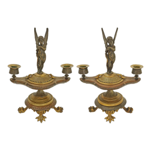 Early 19th Century French Neo-Grec Style Two-Arm Candelabra Patinated Bronze Candle Holders - A Pair