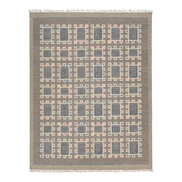 Modern Swedish Style Flatweave Wool Rug With Geometric in in Charcoal & Pastels For Sale