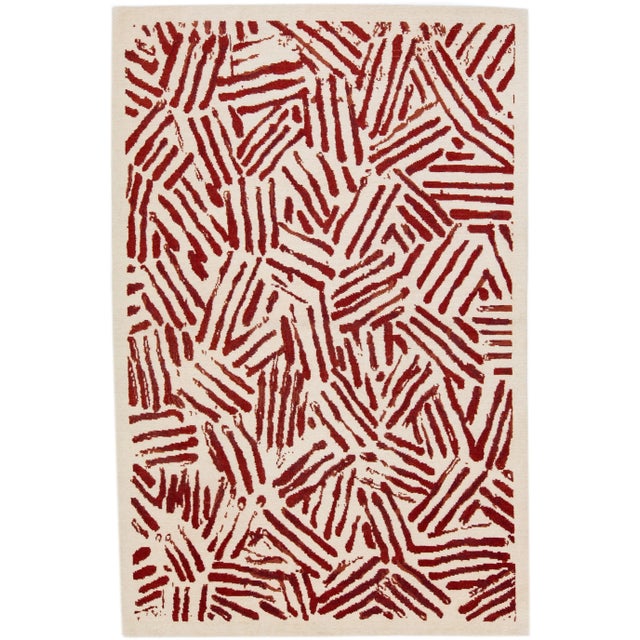 Textile 2010s Tibetan Abstract Handmade Wool & Silk Rug Modern in Beige & Red For Sale - Image 7 of 7