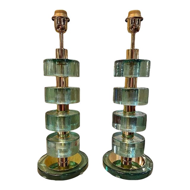 Murano Fontina Green Colored Disc Form Lamps For Sale