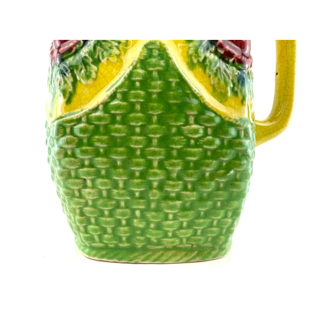 Vintage Japanese Majolica Style Strawberry Pitcher With Basketweave Base For Sale - Image 9 of 12