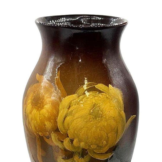 Brown Rockwood Style Earthernware Hand Painted Pottery Vase W/ Chrysanthemums, C 1900 For Sale - Image 8 of 10