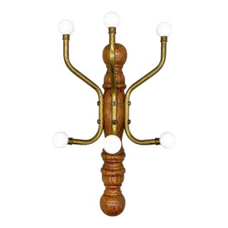 Sculptural Mid-Century Wall-Mounted Coat Rack Hooks With Brass Arms & Porcelain Finials For Sale