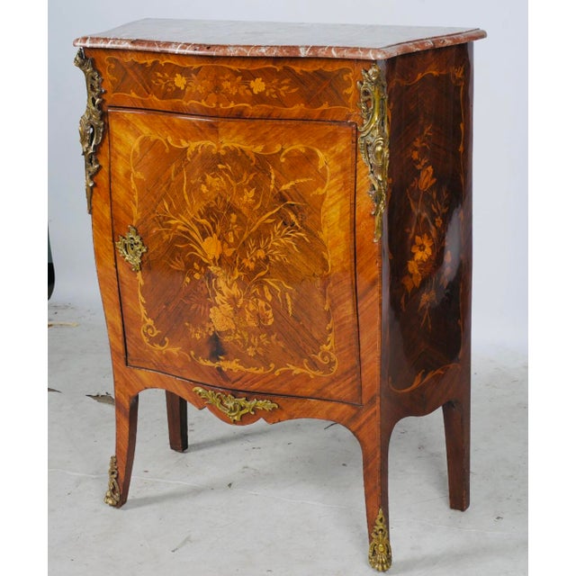French 19th-Century French Floral Marquetry Cabinet With Rouge Marble and Bronze Mounts For Sale - Image 3 of 9