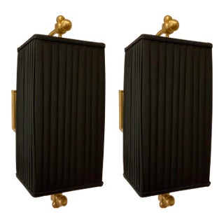 Baker Black Pleated Shade Lyre Sconces Pair For Sale
