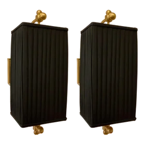 Baker Black Pleated Shade Lyre Sconces Pair