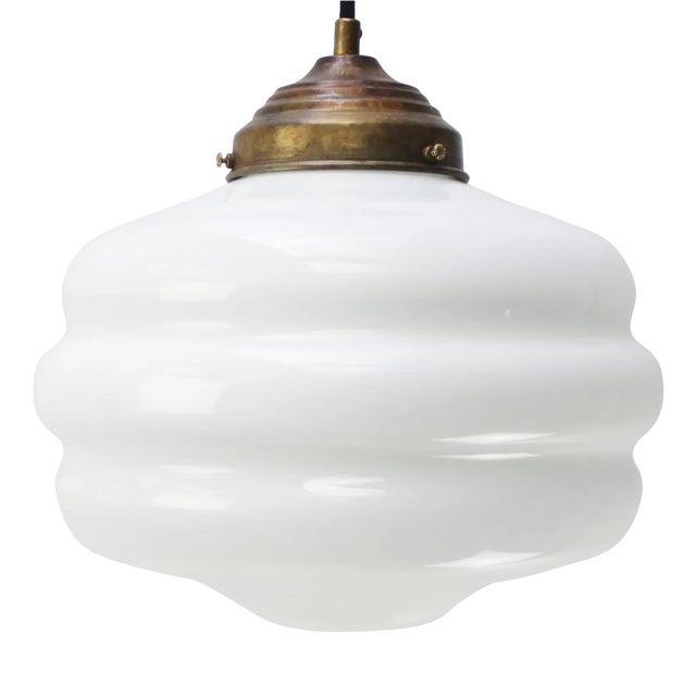 Vintage White Reeded Opaline Glass and Brass Pendant Lamp For Sale