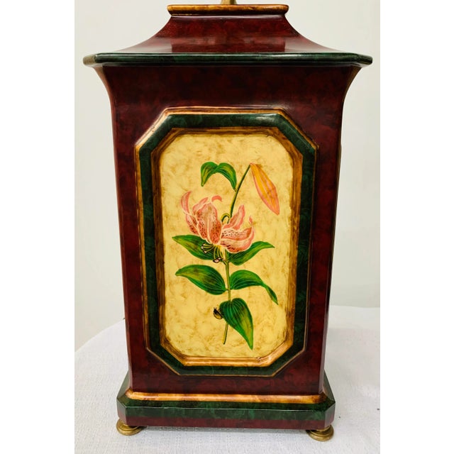 Oriental Hand-Painted Wooden Table Lamp With Floral Decoration, a Pair For Sale - Image 9 of 13