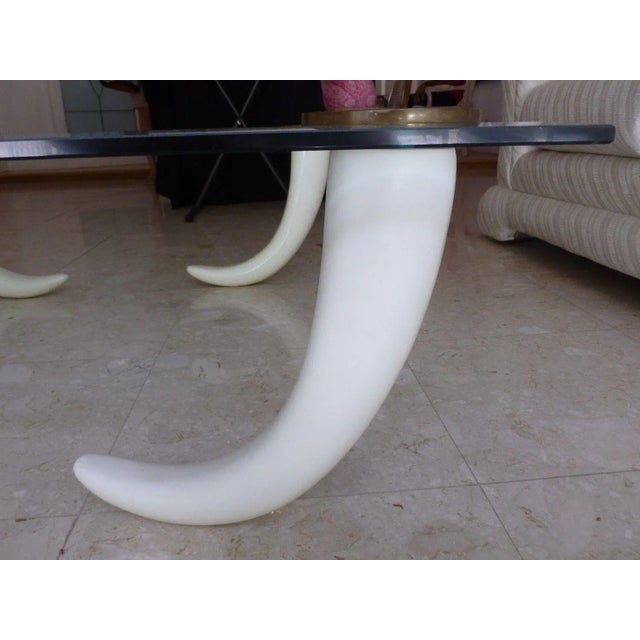 1970's Glass Coffee Table With Faux Tusk Legs and Brass Caps For Sale - Image 4 of 10