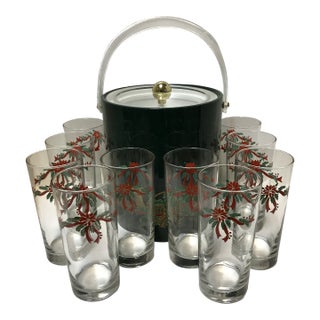 Holiday Georges Briard Ice Bucket, Ice Tongs With Original Tag and 10 Matching Tumblers-Set of 12 For Sale
