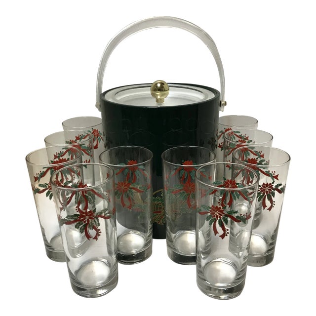 Holiday Georges Briard Ice Bucket, Ice Tongs With Original Tag and 10 Matching Tumblers-Set of 12 For Sale