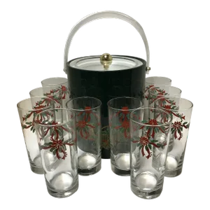 Vintage Holiday Christmas Georges Briard Ice Bucket, Ice Tongs With Original Tag and 10 Matching Tumblers-Set of 12