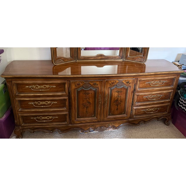 French Provincial 1970s Drexel Heritage French Provincial Louis XV Carved Walnut Triple Dresser With Matching Mirror For Sale - Image 3 of 13