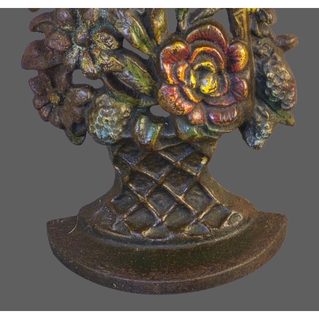American Antique 1920s Cast Iron Flower Basket Doorstop Marked & Numbered For Sale - Image 3 of 8