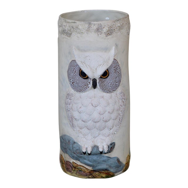 Mid-Century Vintage Textured Ceramic Snowy Owl & Winter Landscape Umbrella Stand For Sale