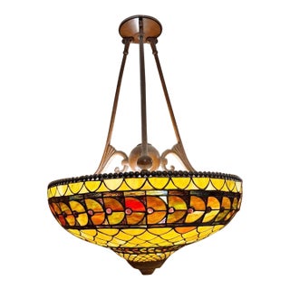 Vintage Rarer Large 20” Quoizel “Inglenook”: Tiffany-Style Inverted Bowl Chandelier For Sale