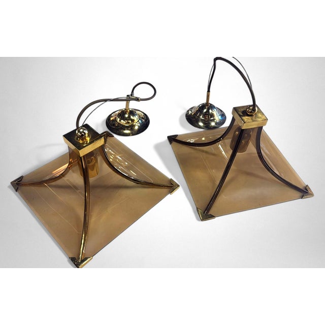 Glass Vintage Italian Pair of Smoked Crystal and Brass Italian Chandeliers For Sale - Image 7 of 18