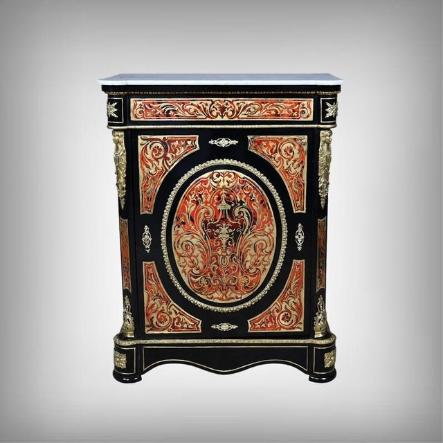 An elegant Napoleon III period console table, adorned with sumptuous Boulle marquetry, named after Charles-André Boulle,...