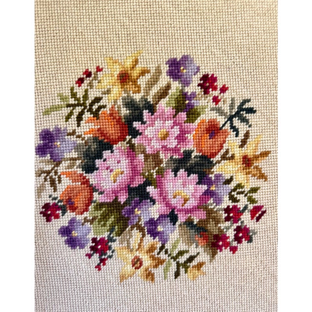 Farmhouse Vintage Round Framed Floral Hand-Stitched Needlepoint Wall Art For Sale - Image 3 of 6