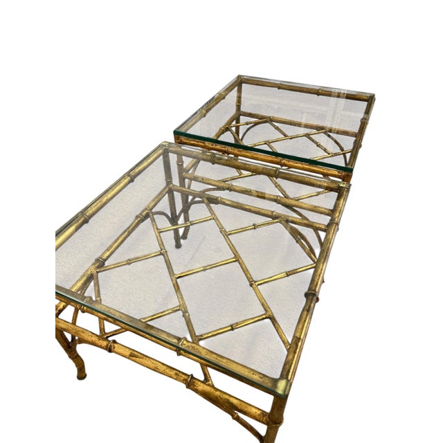 1970s Vintage Mid Century Modern Style Faux Bamboo Gold Color Side End Table Set of 2 Attributed to Phyllis Morris For Sale In Seattle - Image 6 of 8