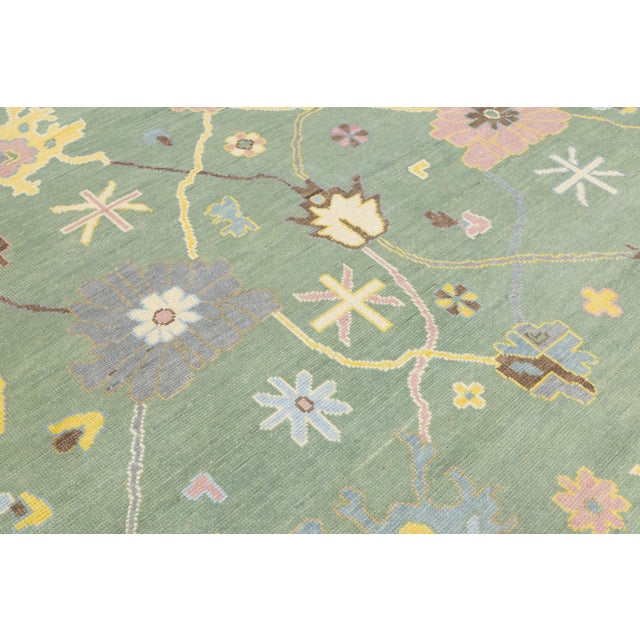 Green Modern Sage Green Oushak Style Wool Area Rug With Pastel Geometric Floral Accent For Sale - Image 8 of 12