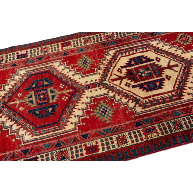 Vintage Hand-Knotted Turkish Wool Runner Rug With Geometric Tribal Medallions in Crimson, Indigo, and Cream For Sale In New York - Image 6 of 9