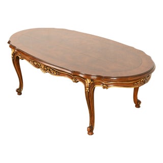 Karges French Rococo Louis XV Banded Walnut Parcel Giltwood Coffee Table, Circa 1980s For Sale