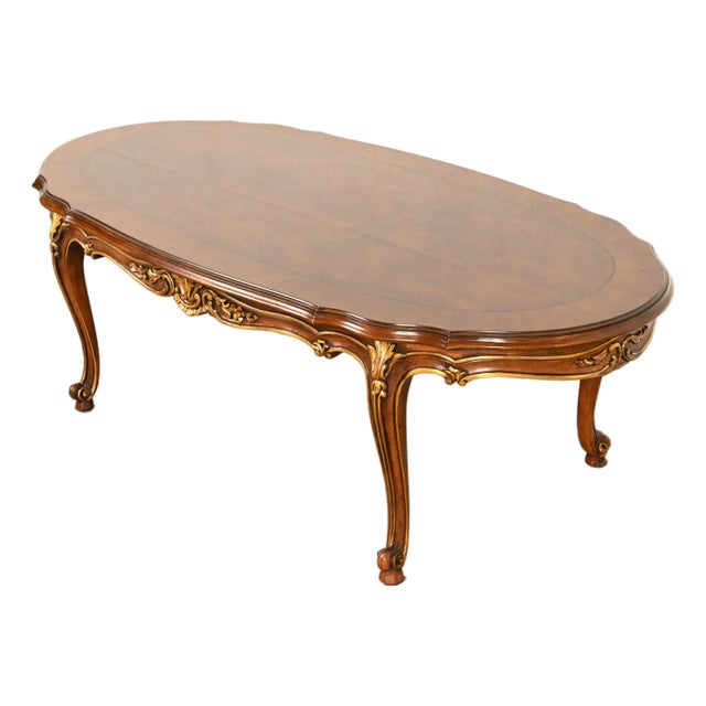 Karges French Rococo Louis XV Banded Walnut Parcel Giltwood Coffee Table, Circa 1980s For Sale