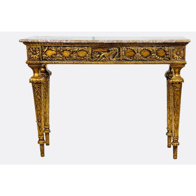 1960s 1960s Elegant Louis XVI Style Giltwood Marble-Top Console / Sofa Table With Hand-Carved Foliate Detail For Sale - Image 5 of 5