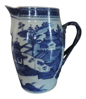 Early 19th Century Chinese Export Blue & White Porcelain Canton Scene Cider Jug or Pitcher