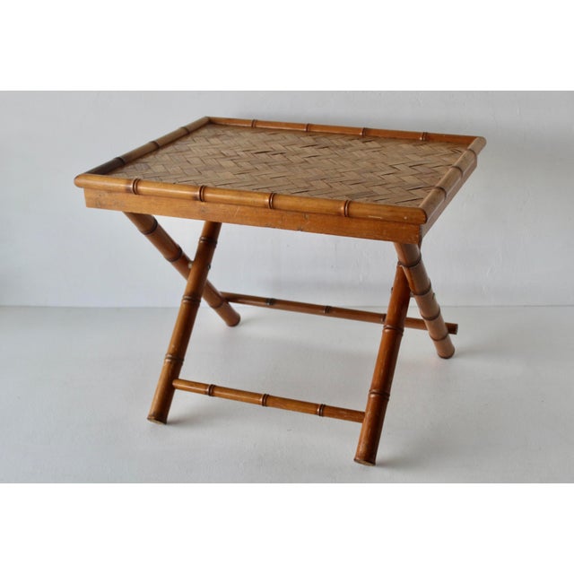 Vintage French Style Handcrafted Rectangle Bamboo Serving Folding Table Center Table X-Base Mid-Century For Sale - Image 9 of 14