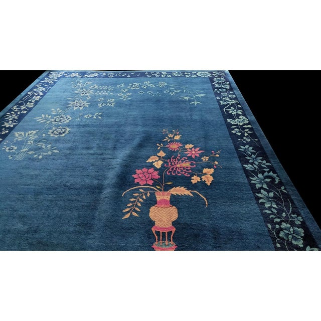 Textile 1920s Blue Floral Vase Design Antique Chinese Art Deco Rug 9' X 11'8" Carpet For Sale - Image 7 of 8