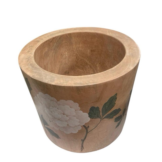 Folk Art Hand-Painted Floral Wood Cachepot With Peony Motif For Sale - Image 3 of 8