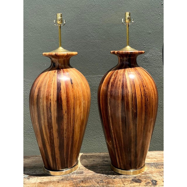 Vintage Striped Wood Table Lamps With Brass Base - a Pair For Sale - Image 4 of 15