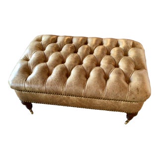 Tufted Leather Rectangular Ottoman With Brass Casters in a Gorgeous Tobacco Color For Sale
