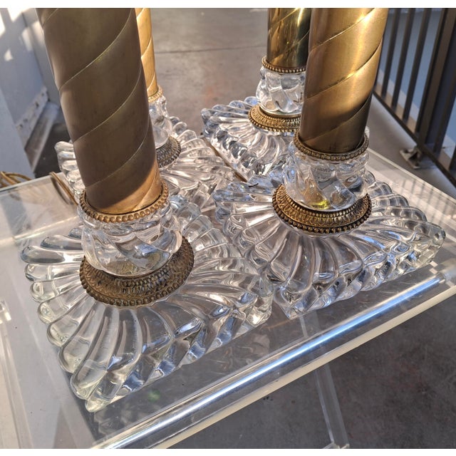 1920's Tall French Baccarat Columnar Crystal & Brass Swirl Table Lamps Set of 4 For Sale In Miami - Image 6 of 12