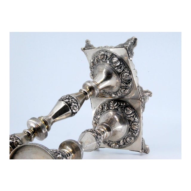 Silver Candlesticks with Turned Stems and Embossed Floral Motifs, Set of 2 For Sale - Image 3 of 12
