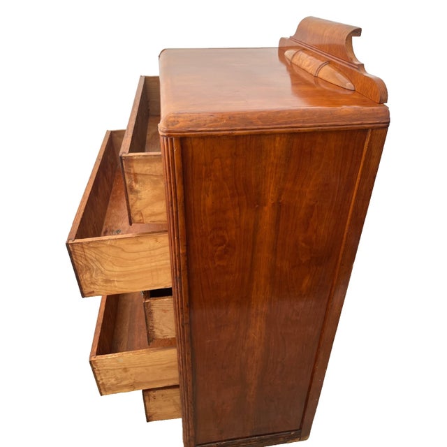 1920s Gorgeous Art Deco Dresser Chest, Rare Five Drawers, Bakelite and Brass Pulls, Waterfall Top For Sale - Image 4 of 11