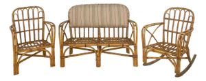 1950s Mid Century Wicker & Rattan 3 Piece: Settee, Arm Chair & Rocking Chair. Styled After Franco Albini