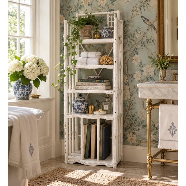 A wonderfully useful late 19th-century American Victorian bamboo étagère, retaining an old white painted finish with the...