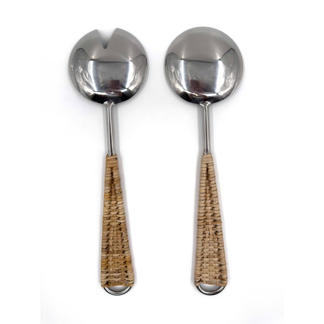 Handmade Stainless Steel & Rattan Woven Handle Salad Server Set, Handcrafted in India - 2 pcs For Sale In New York - Image 6 of 8
