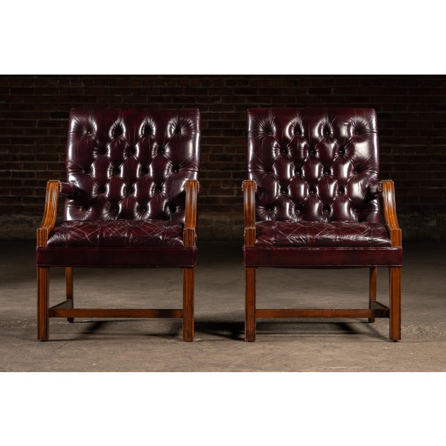 Late 20th Century Late 20th Century Pair of Tufted Leather Square-Back Dining Chairs in Oxblood For Sale - Image 5 of 17