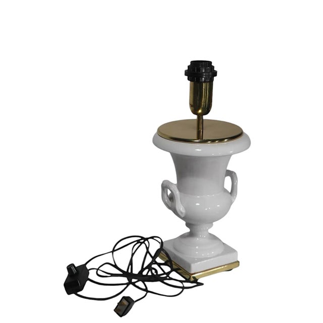 Chic ceramic Campagna urn form lamp with brass fitments, made in Italy circa 1970's. This diminutive table, or boudoir...