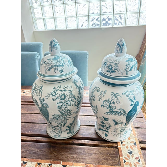 Late 20th Century Extra Large Blue and White Chinoiserie Porcelain Ginger Jars With Bird and Floral Motif - A Pair For Sale In Miami - Image 6 of 10