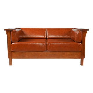 Crafters and Weavers Arts and Crafts Craftsman Cubic Panel Side Love Seat in Russet Brown Leather For Sale