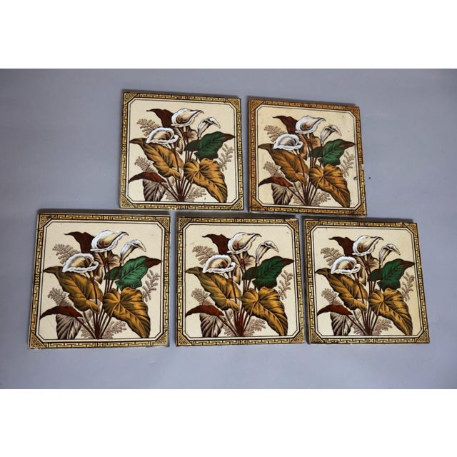 Late 19th Century Set of 5 Antique English Victorian Aesthetic Movement Calla Lily Transferware Tiles, Staffordshire, C. 1887 For Sale - Image 5 of 5